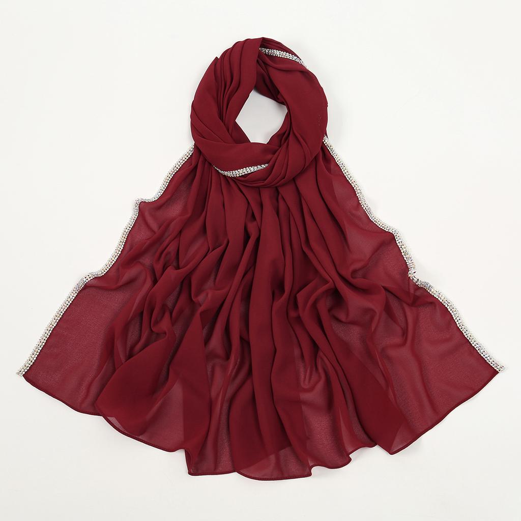 Luxury Rhinestone Chiffon Solid Long Scarf Islamic Women's Head Wrap Neck Scarf Hijab Lightweight Turban Headband 180*70CM
