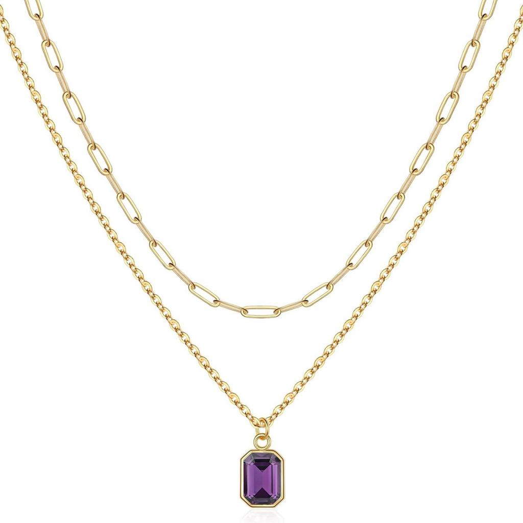 Elegant Double Layer Necklace Featuring December Birthstone And 18k Gold Plating Rectangular Design Neckchain For Women