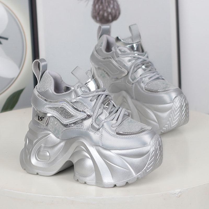 Мода НОВЫЕ Женские Повседневные Кроссовки на Платформе 12 см Высокий Каблук Зимняя Спортивная Кожаная Обувь Блестящие Кроссовки Массивные Ботинки Zapatillas Mujer