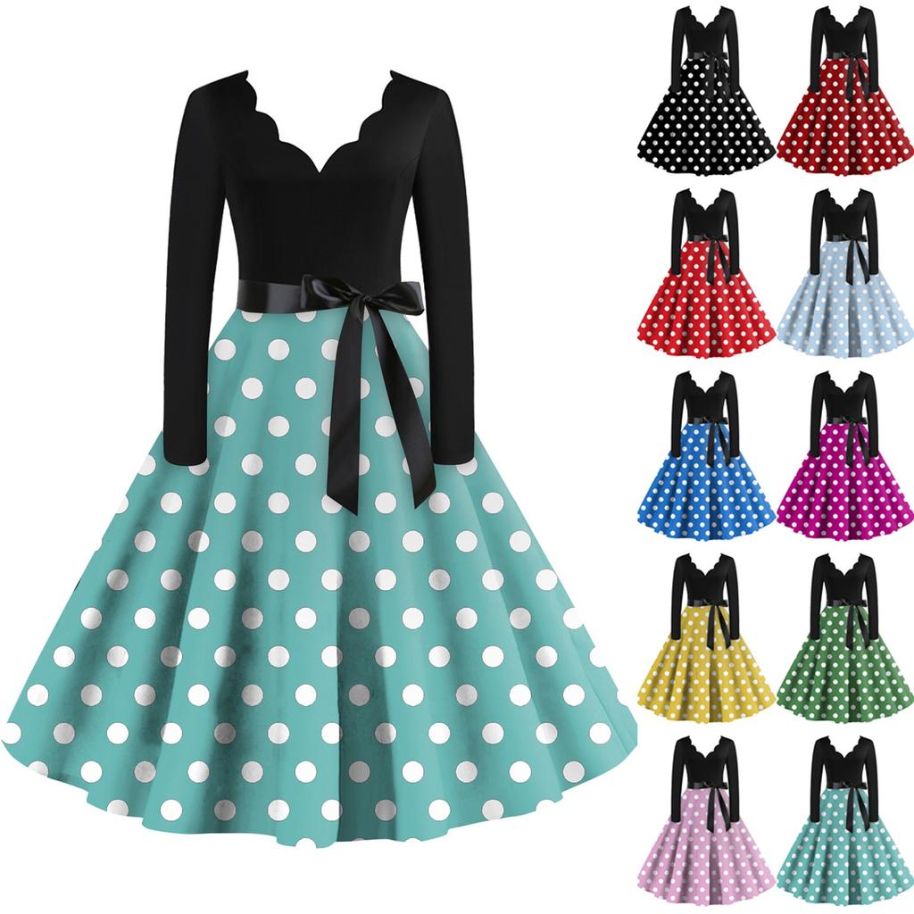 Женское повседневное модное платье с V-образным вырезом и длинными рукавами в стиле ретро с принтом в горошек