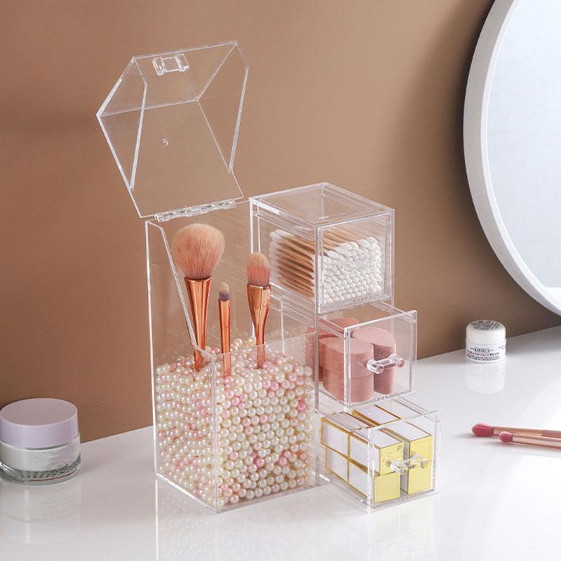Clear Makeup Brush Organizer, Storage Rack with Drawers, Storage Box with Lid and Pearls for Storing Makeup Tools and Jewelry