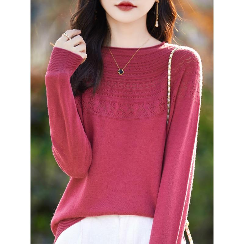 One-line Ready-to-wear Rolled Round Neck Hollow Wool Sweater for Women In Summer Loose Versatile Thin Wool Base Shirt for Women