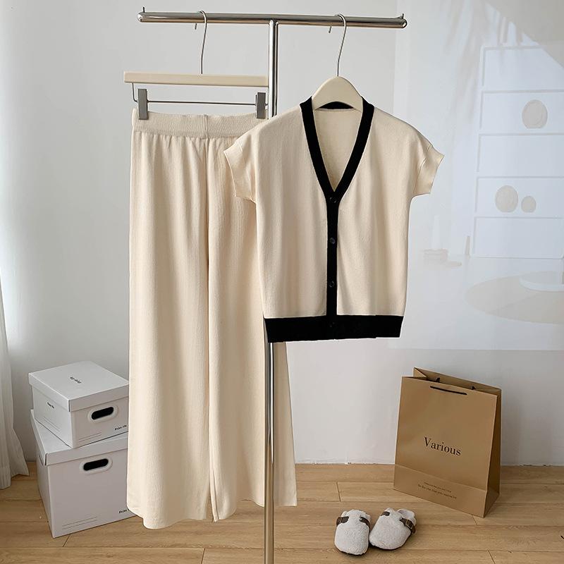 Модные трикотажные комплекты из 2 предметов для женщин, однобортный кардиган с V-образным вырезом, высокая талия, широкие длинные брюки, однотонные свитера