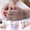 1 Pair Women Winter Half-finger Gloves Faux Fur Thickened Cold Resistant Soft Elastic Warm Knitted Solid Color Five Finger Students Writing Gloves