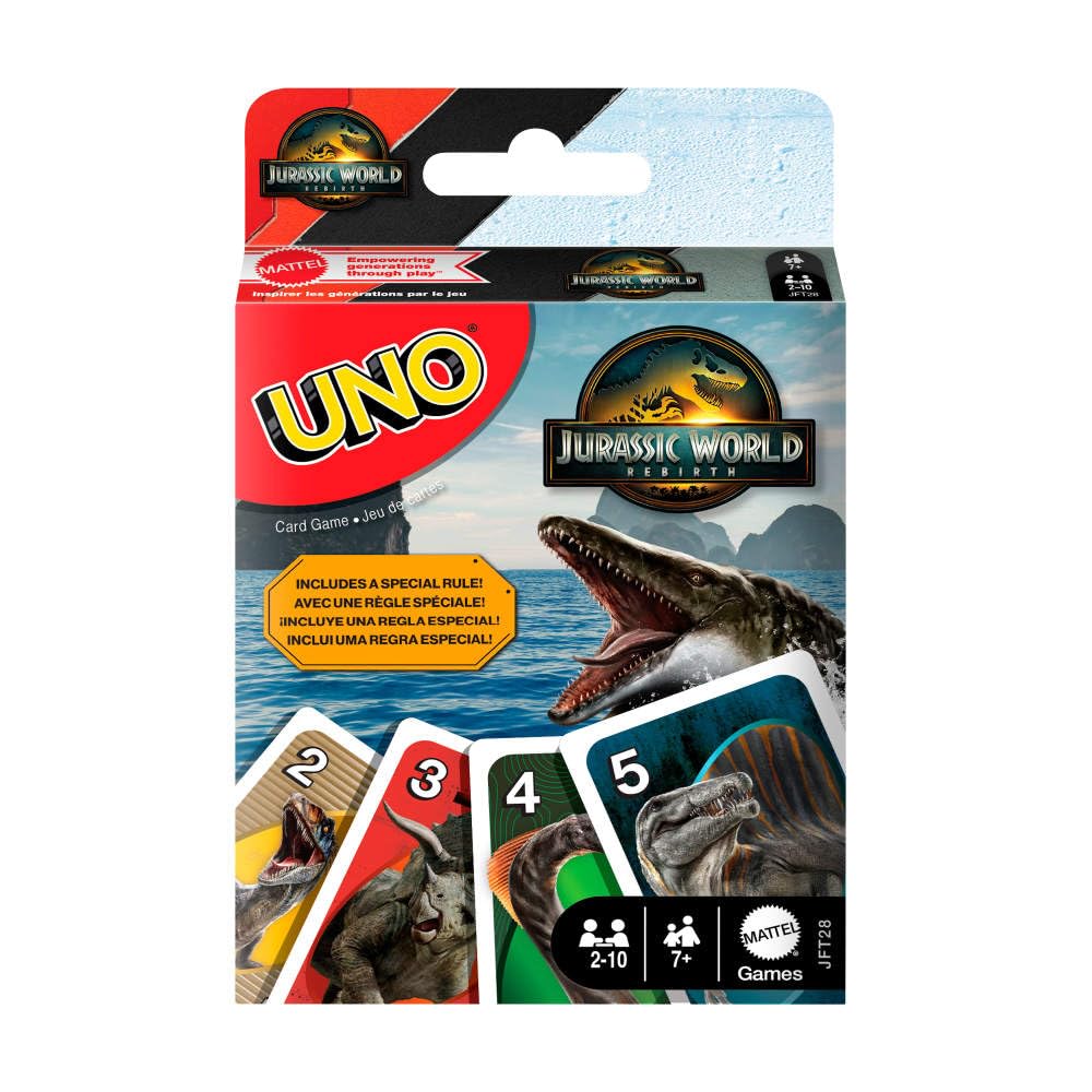 Mattel Games UNO Jurassic World Rebirth Card Game - with T-Rex Attack Special Rule, Collectible Family Party Game, 2-10 Players, Ages 7+