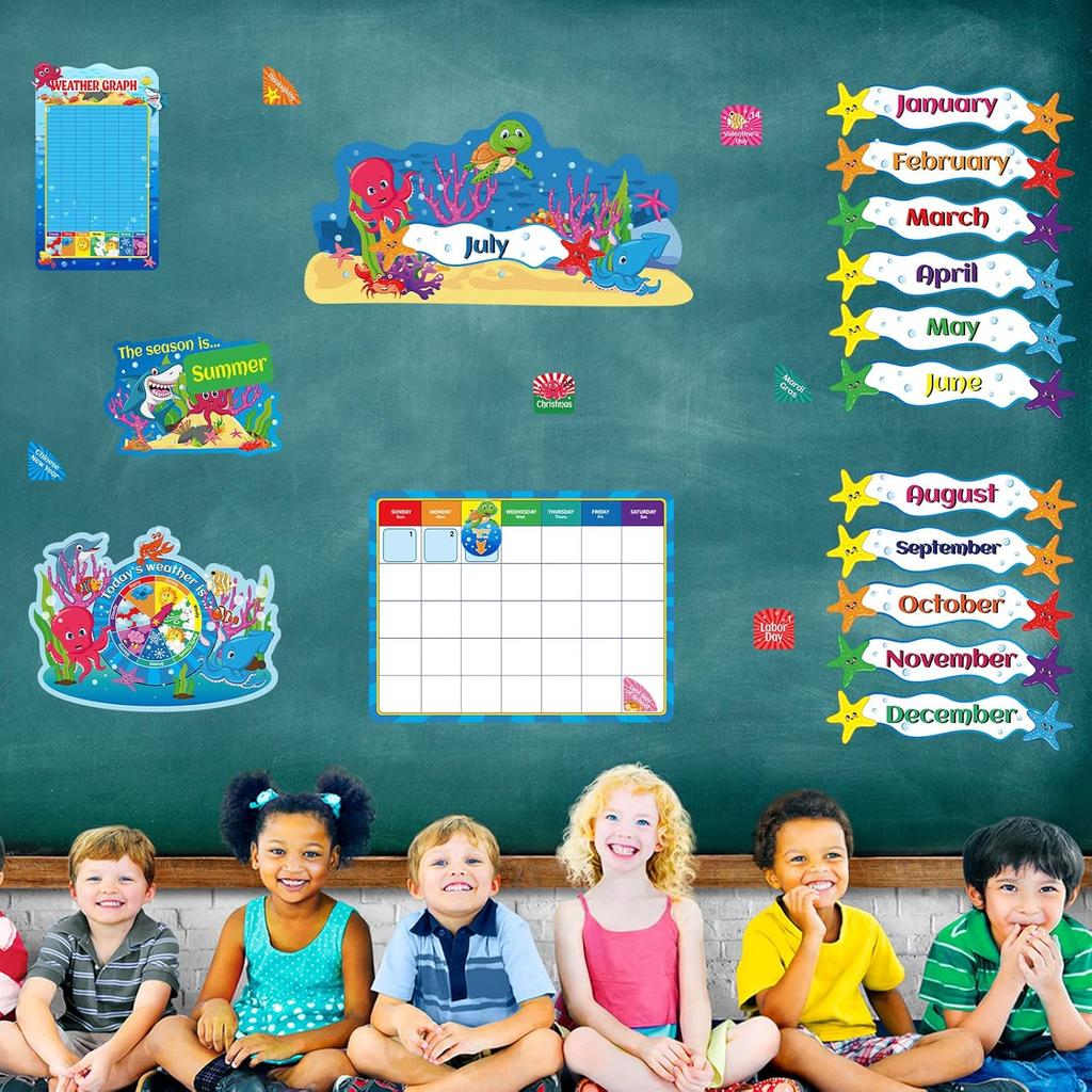 90 Pcs Sea Calendar Bulletin Board Set Pocket Chart Seasons Weather Chart Ocean Theme Classroom Decor Monthly Calendar for School Classroom Home