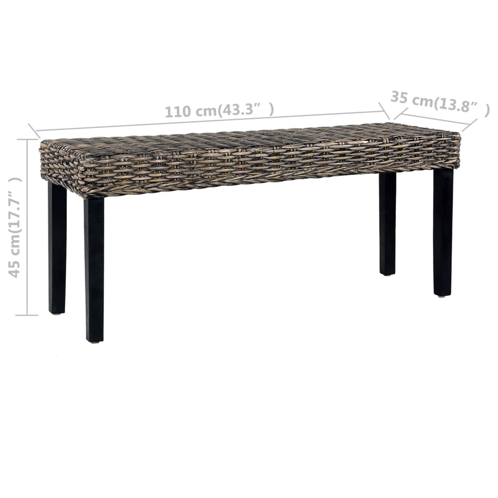 110 cm Black Natural Kubu Rattan and Solid Mahogany Bench