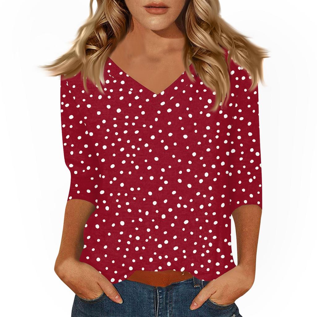 Women's Tops Three-quarter Sleeve Shirt V-neck Loose Casual Shirt Print T-shirt