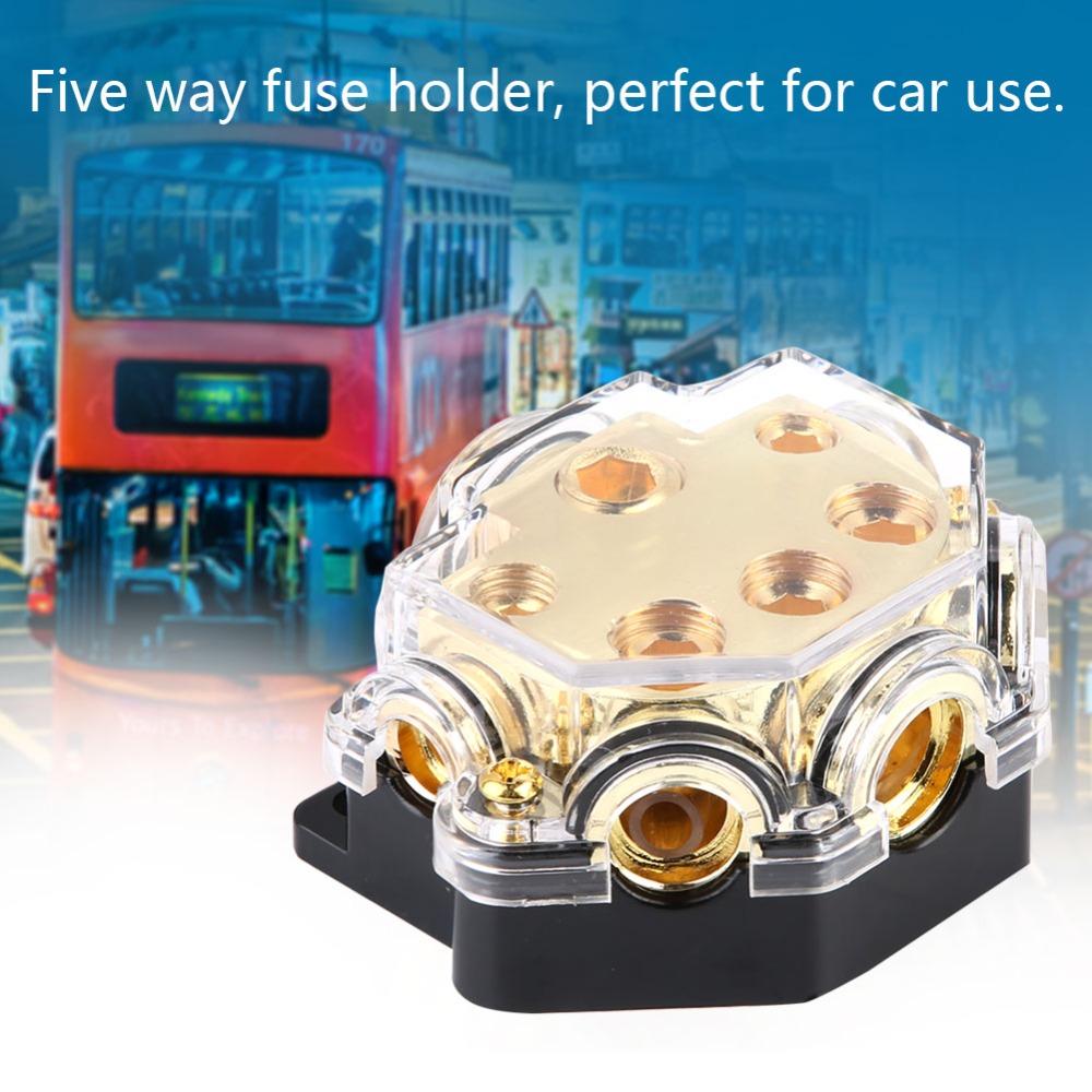 1 in 5 Way Out Power Distributor Block Inlet 1 * 0GA Outlet 1 * 2GA+2*4GA+2*8GA Distribution Block Golden Color