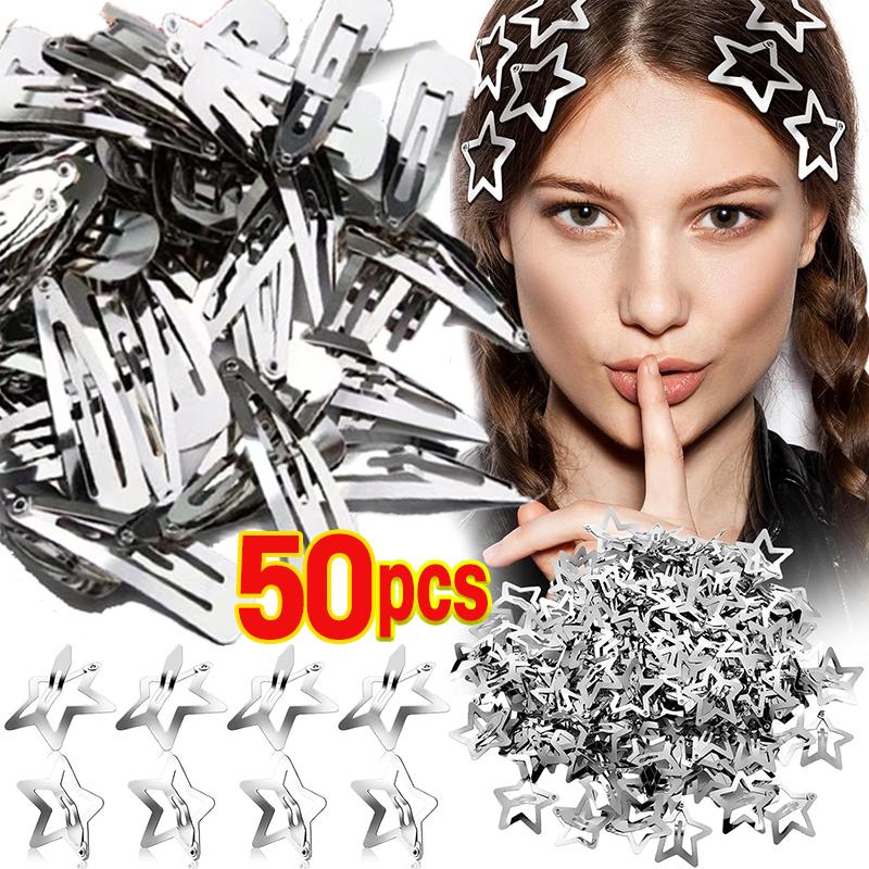 2/50 шт. Серебряные заколки для волос в форме звезды Y2K для девочек, филигранные металлические защелкивающиеся заколки-шпильки, украшения для волос, без никеля, невидимки.