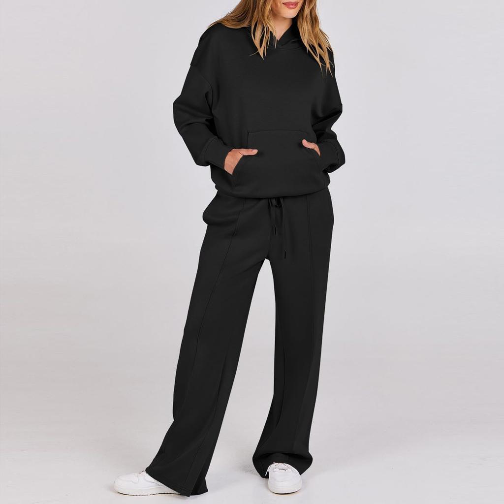 Women's Casual Solid Color Long-sleeved Hoodie Straight Pant Suit
