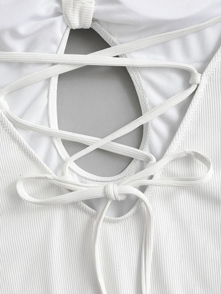 ZAFUL Knotted Ribbed Criss Cross Lace Up Cheeky One-piece Swimsuit