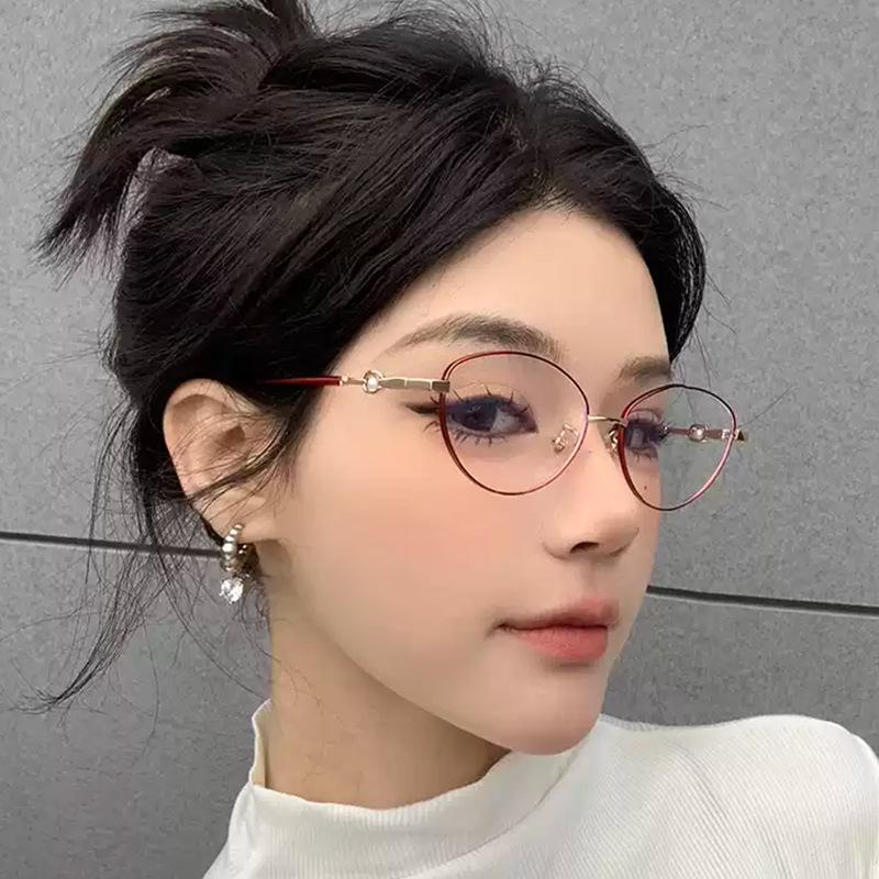 Korean Style Glasses for Women Cat Eye Shape Pearl Decoration Glasses Frames Y2K Stylish Decorative Glass