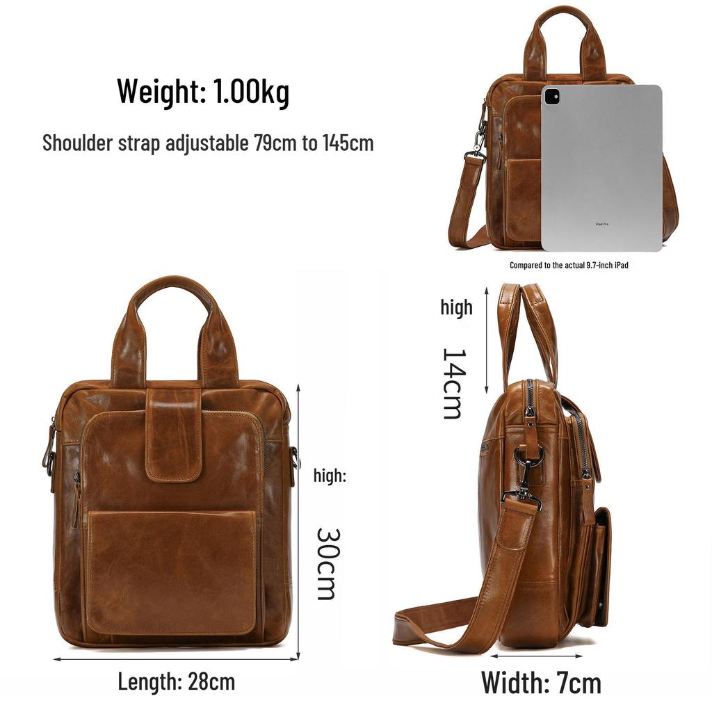 Genuine Leather Crossbody Messenger Bag - Men's Large Capacity Retro Vertical Handbag for Casual or Commute Use.