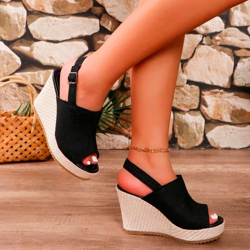 2024 Большие размеры Женская обувь с пряжкой на ремешке Женские туфли на высоком каблуке Платформа Повседневное платье Туфли-лодочки Женские туфли на высоком танкетке с круглым носком Женские туфли