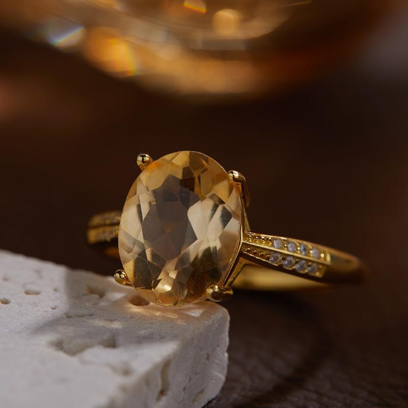 Natural Citrine Ring Four-Prong Light Luxury Small Color Gem Jewelry