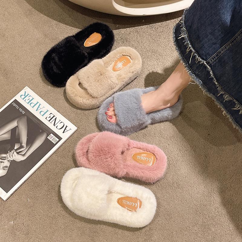Увеличивающие рост толстоподошвенные пушистые тапочки женские осенне-зимние для улицы пушистая обувь на одной перемычке ins домашние домашние плюшевые тапочки весна и лето