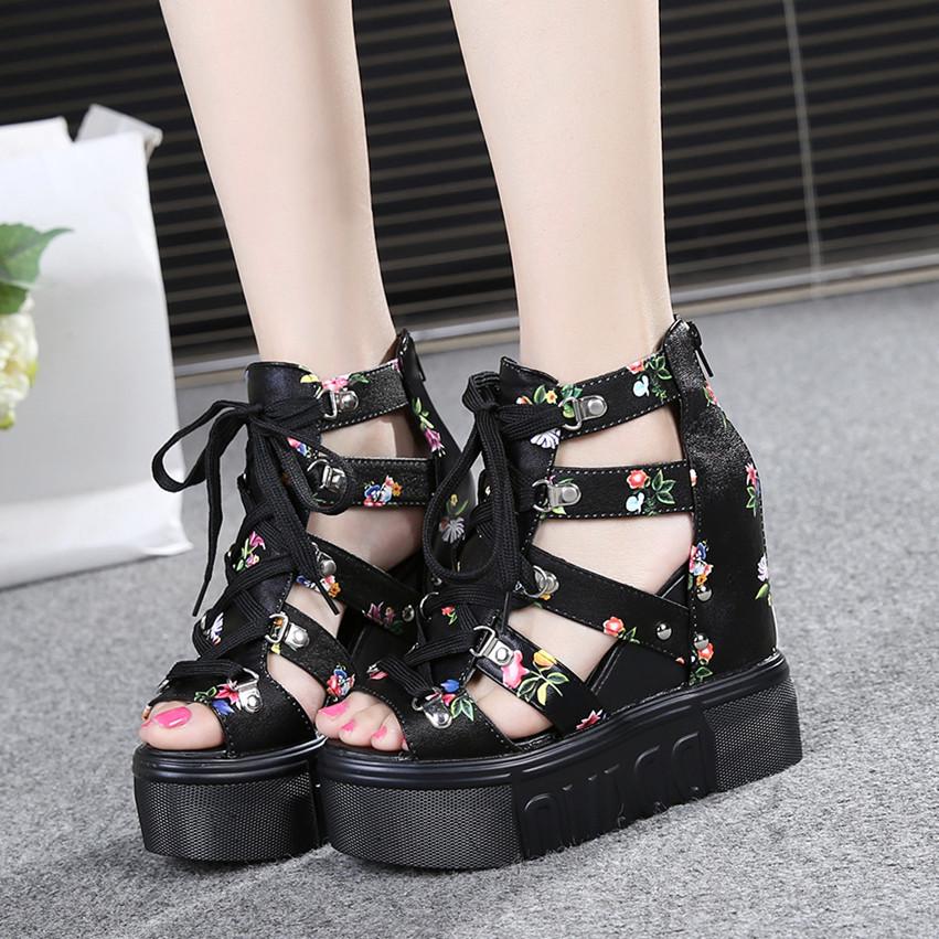 Женские босоножки-клинья с открытым носком - Высокий каблук 11 см, Дышащая сетка, Толстая подошва, Римский стиль