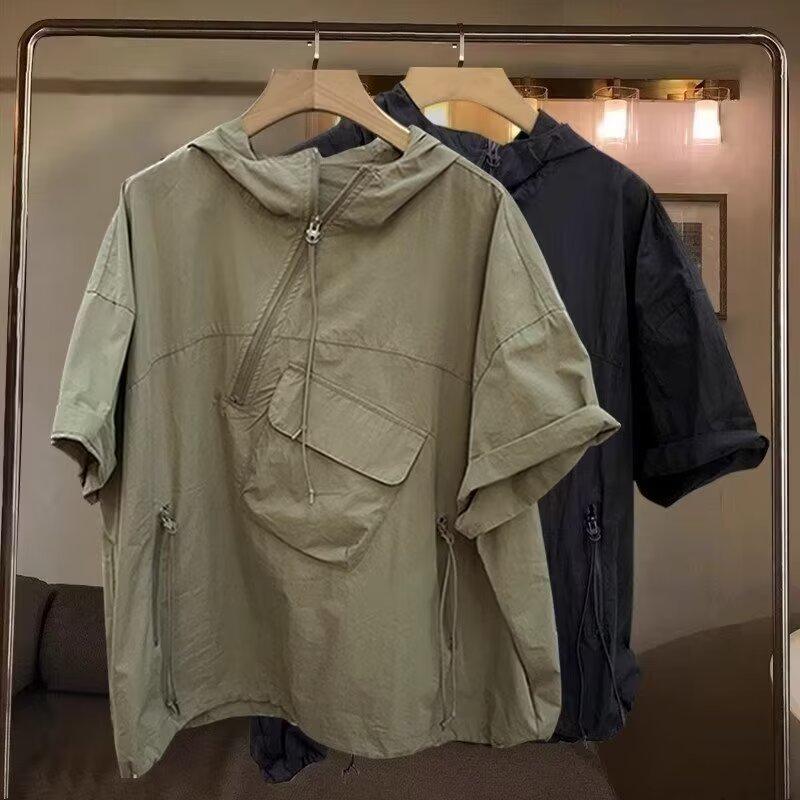 Мужская однотонная уличная толстовка с капюшоном на молнии с декоративным клапаном и карманом, свободный крой, короткие рукава, однотонная