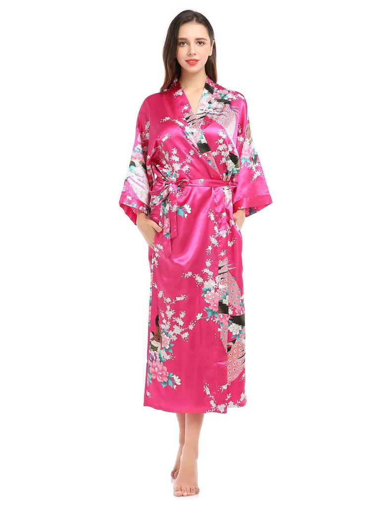 Длинный летний кардиган-пижама с принтом павлина и карманами