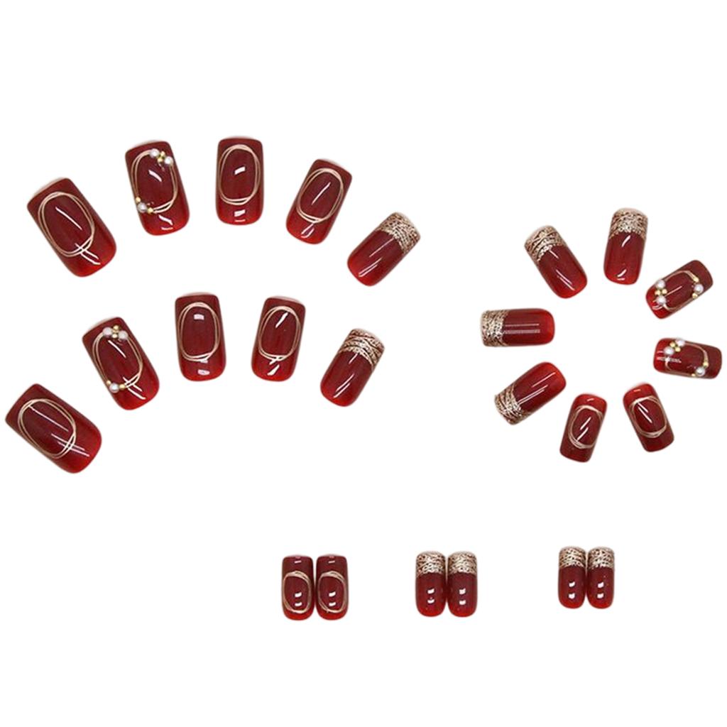 Wine Red Glossy Fake Nails New Year Square Tips Reusable Artificial Nail for Daily Students Nail Decoration