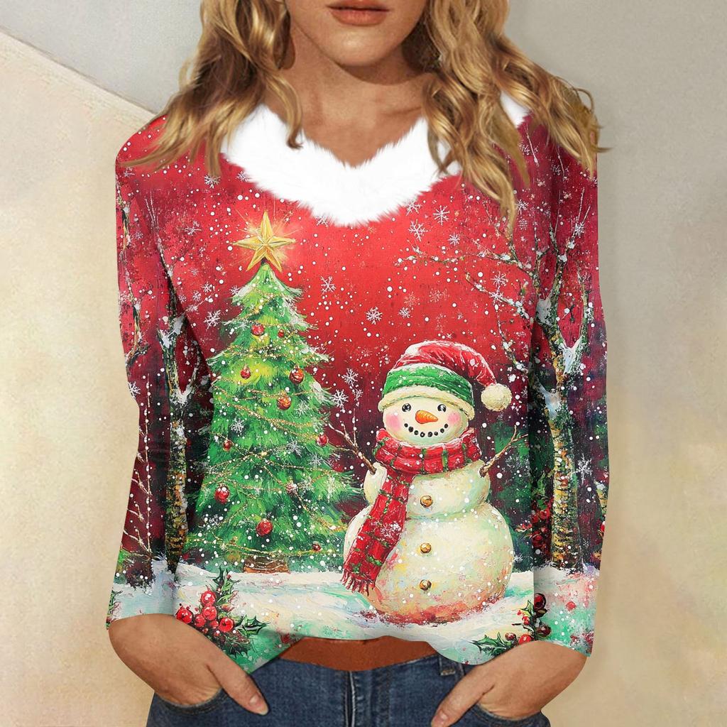 Женская футболка с длинным рукавом, рождественская вечеринка, плюшевый воротник, топ с V-образным вырезом