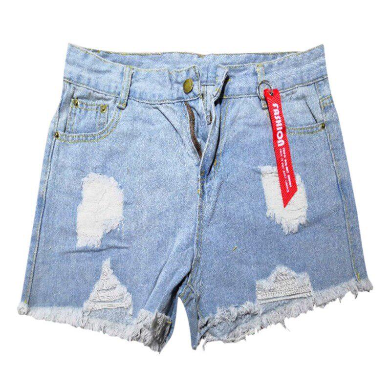 Women Solid Color High Waist Slim Casual Slim Waist Summer Loose Hole Hot Denim Shorts