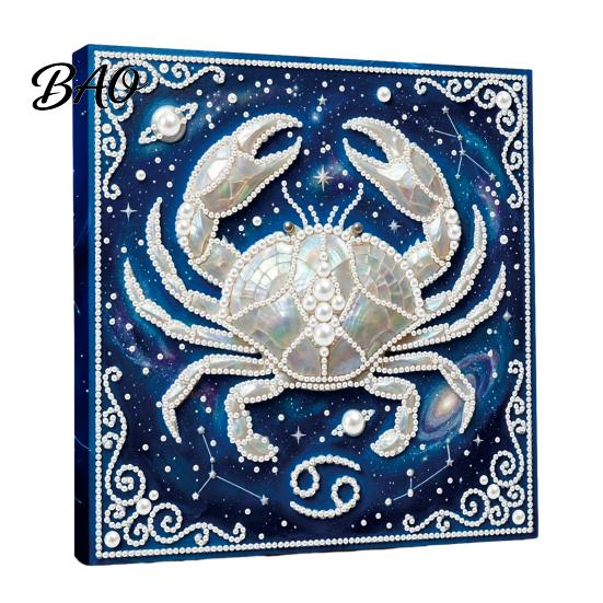 Faux Pearl Painting Decor DIY Kit, 12 Zodiac Signs Rhinestone Art Set for Adults Kit Beginners, Handmade Wooden Frame Fake Wall Decoration with
