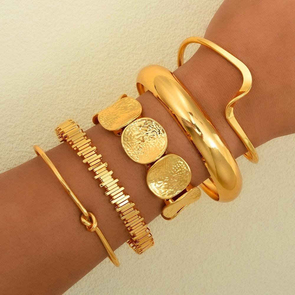 5Pcs/Set Gold Color Knot Cuff Bracelets Metal Women's Hand Bracelet  Jewelry Gifts