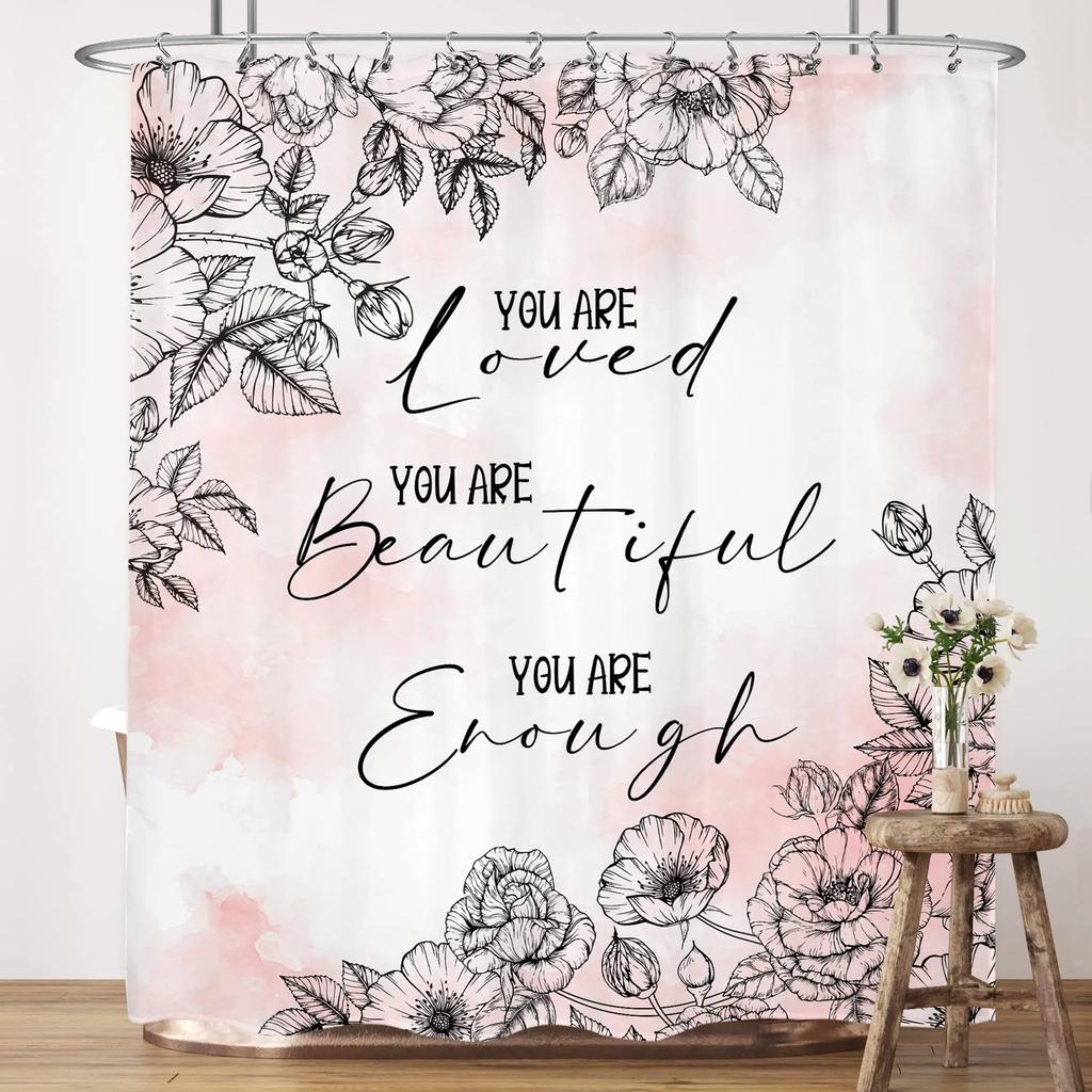Inspirational Quote Shower Curtain Bible Verse Motivational Quote Bath Curtain Ink Paint Pink Teal Marble Abstract Bathtub Decor