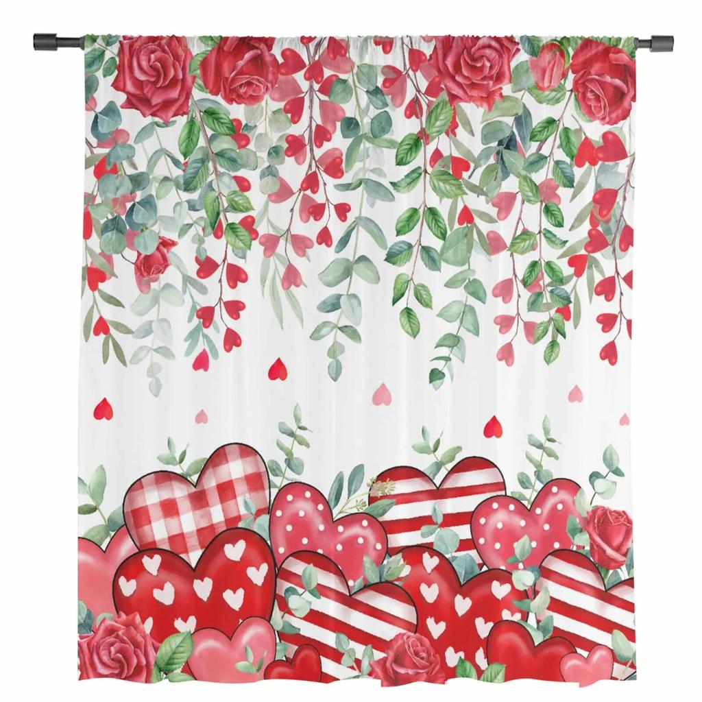 День святого Валентина, красные сердечки, листья, розы, прозрачные шторы для гостиной, кухни, оконные шторы, тюлевые занавески для спальни, вуали