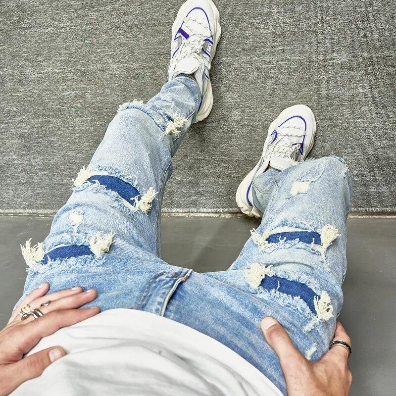 Men Holes Casual Skinny Jeans Pants Streetwear Male Stylish Ripped Solid Hip Hop Slim Denim Trousers