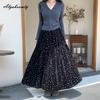 Korean Fashion Autumn Winter Women Velvet Skirt High Waist Floral Print Black Brown Midi Skirt Vintage Elegant Feminine Ruffles Skirt