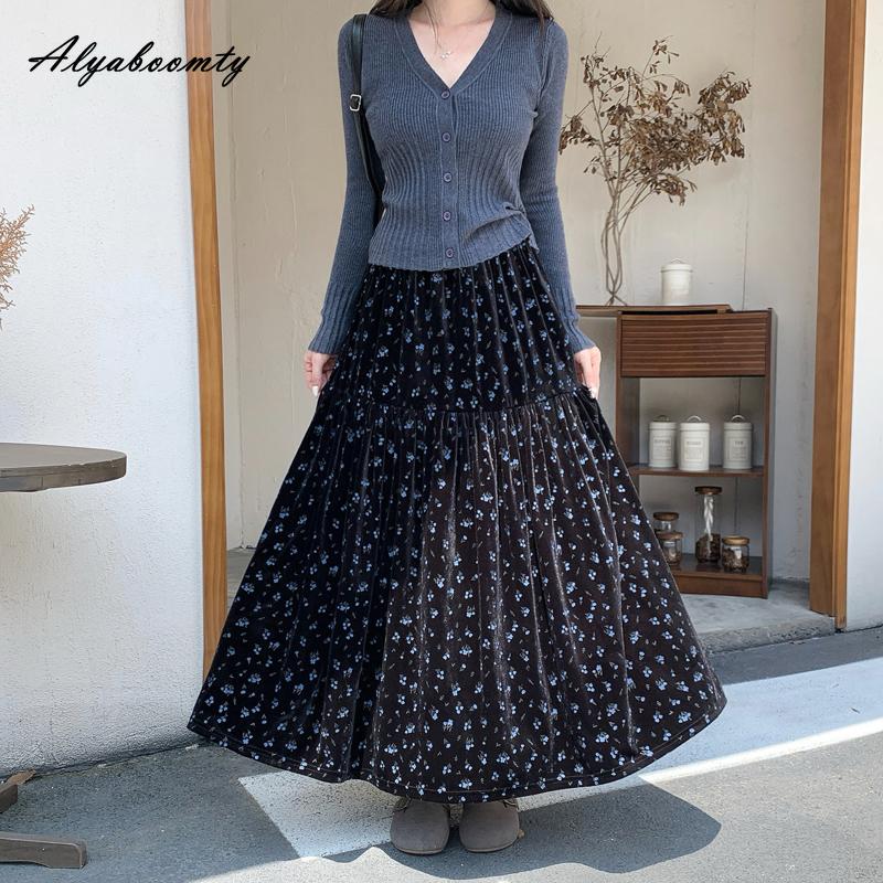 Korean Fashion Autumn Winter Women Velvet Skirt High Waist Floral Print Black Brown Midi Skirt Vintage Elegant Feminine Ruffles Skirt