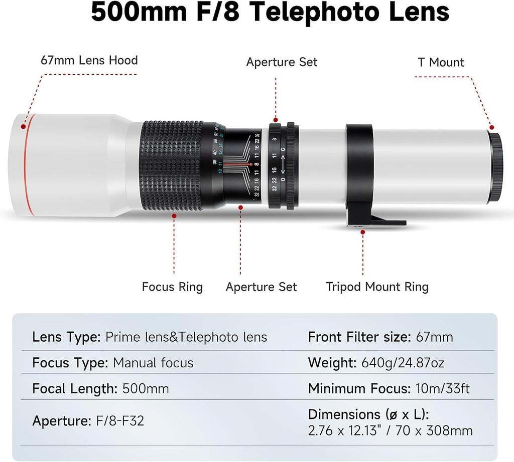 JINTU Manual Telephoto Lens for Canon EOS Nikon T3 T3i T4i T5 T5i T6 T7 T6i T6s T7i SL1 SL2 EOS 60D 70D 77D 80D 5D III 5D IV EOS 6D 7D 7D II D90 D5600