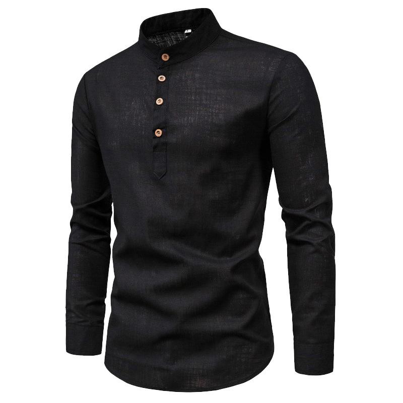 Весенне-осенняя мода Slim Fit Однотонная с длинным рукавом Мужская одежда Деловая Стойка воротник Хлопок Лен Универсальные Шикарные рубашки