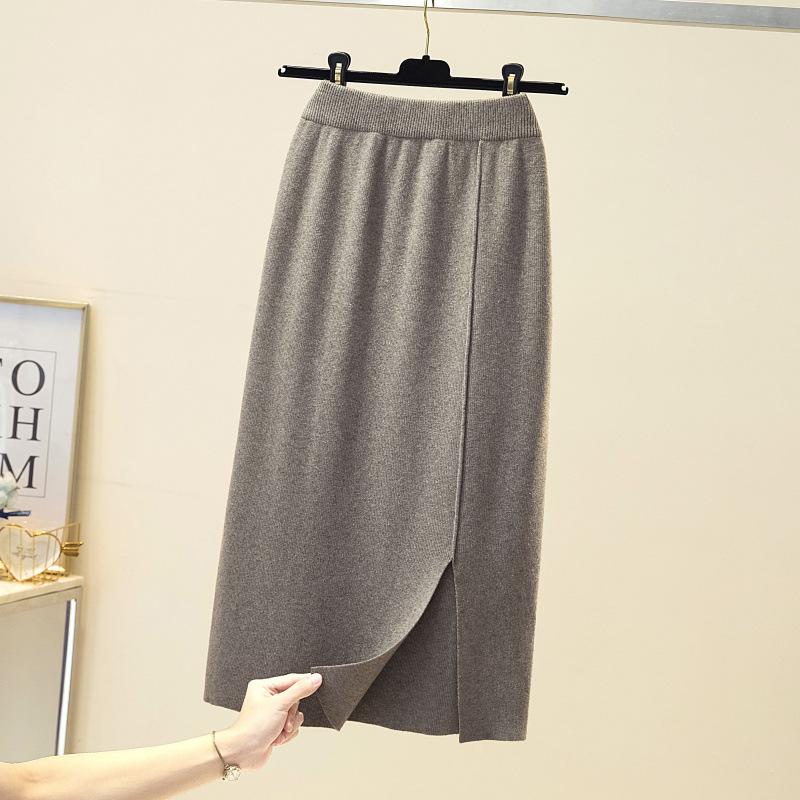 DX~~ Осень и зима, новая однотонная тонкая трикотажная юбка средней длины с высокой талией и юбкой с разрезом на бедрах, пригородная юбка