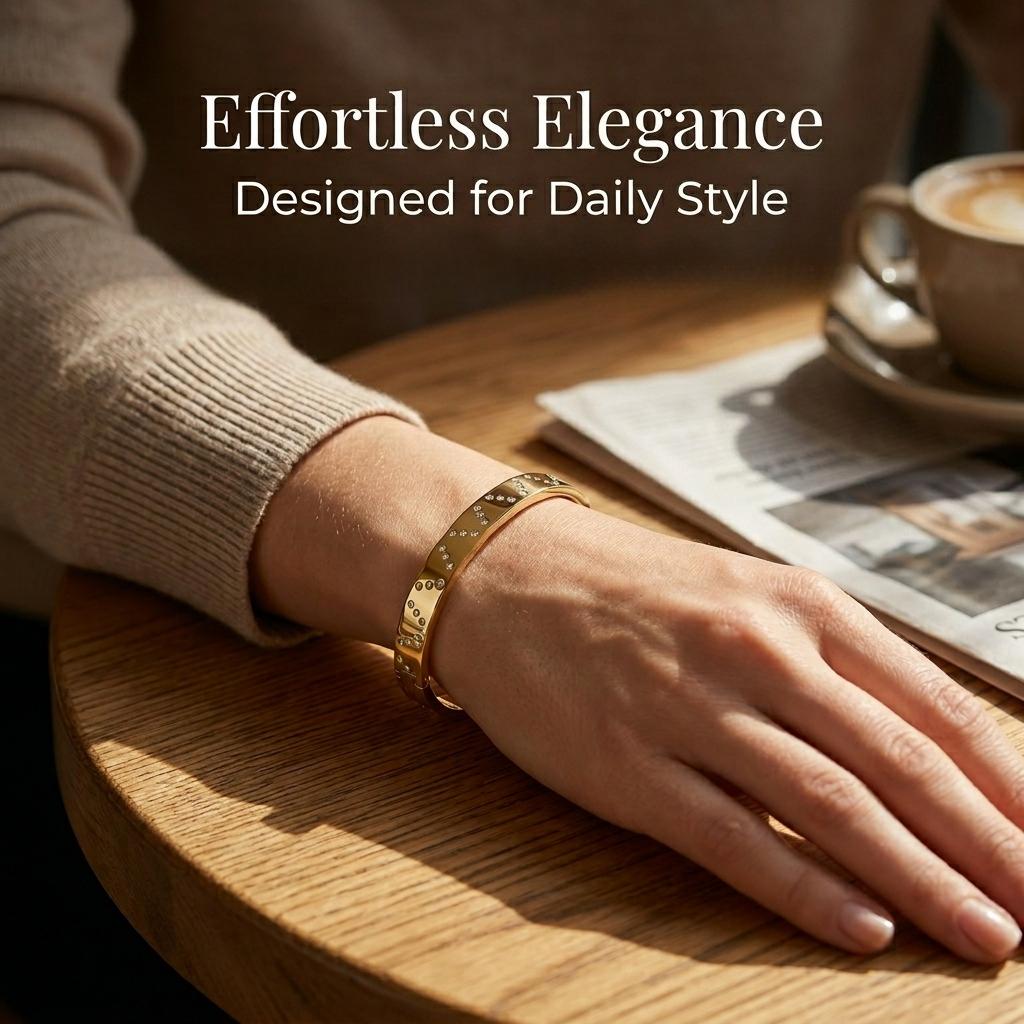 Gold Color Snap-on Zircon Bangle Stainless Steel Bracelet for Women Fashion Jewelry Gift