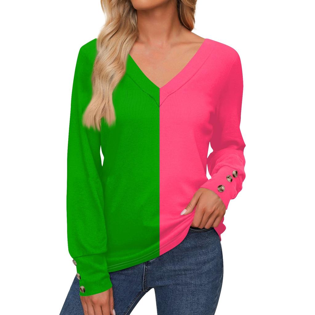 Женская повседневная модная рубашка с длинными рукавами и манжетами на пуговицах, свободная футболка с V-образным вырезом, осенняя одежда