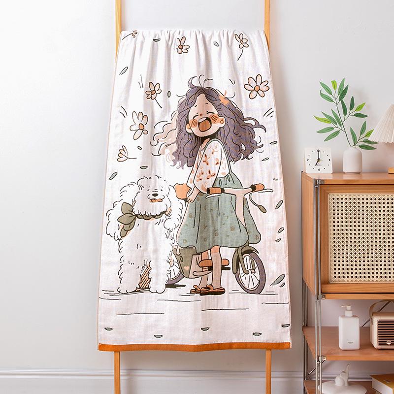 Extra Large Cotton Gauze Cartoon Bath Towel - Soft, Quick-Drying for Adults & Kids