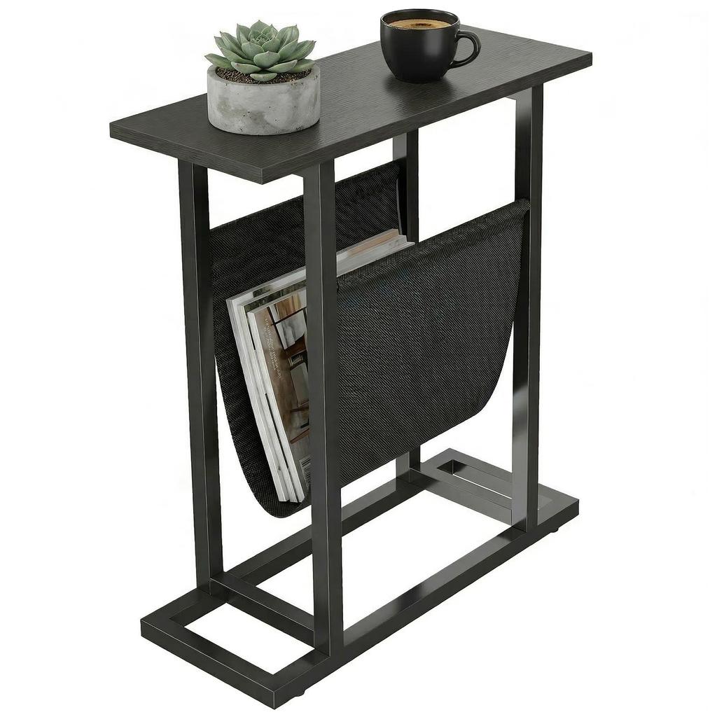 Side Table With Fabric Pocket Coffee Table With Steel Frame Compact Sofa Table Black