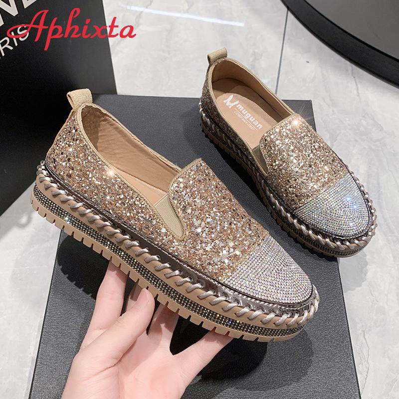 Fashion Aphixta Luxury Crystals Sequined Flat With Platform Shoes Loafers Flats Leather Couple Woman Students Shoes Plus Size 44