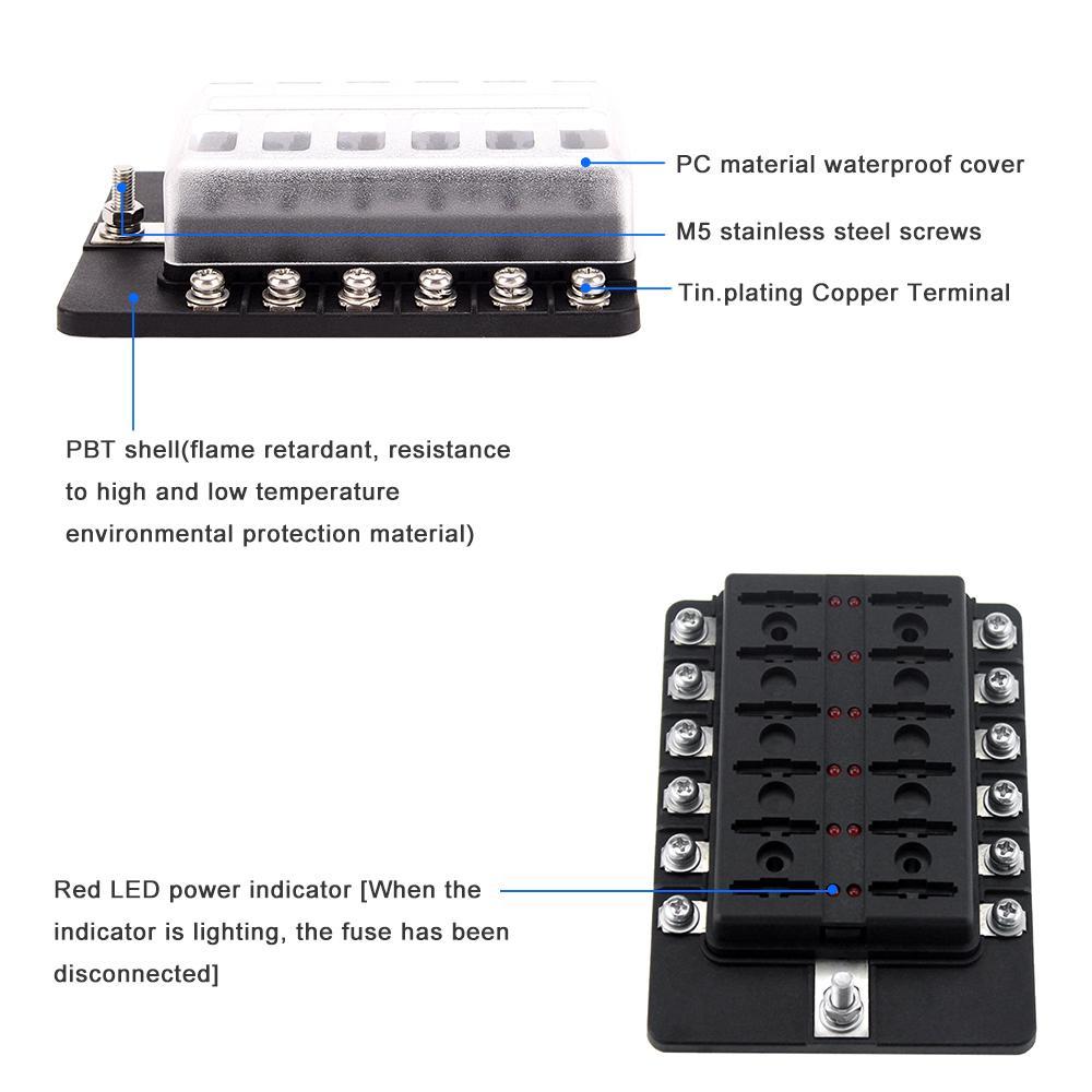 Блок предохранителей с 12 гнездами для ножевых предохранителей, держатели предохранителей, блоки предохранителей с красным светодиодным индикатором, 10 шт. предохранителей, 10 шт. клемм для автомобиля, лодки, морского транспорта, каравана