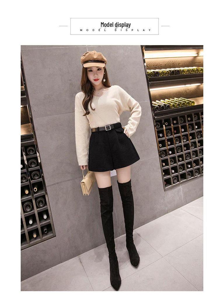 High Waist Woolen Wide-Leg Shorts for Women – Autumn/Winter Versatile Casual Slim A-Line Design (2025).