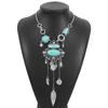 European and American Ethnic Style Exaggerated Pattern Inlaid Turquoise Alloy Necklace, Retro Design Y-shaped Neck Chain