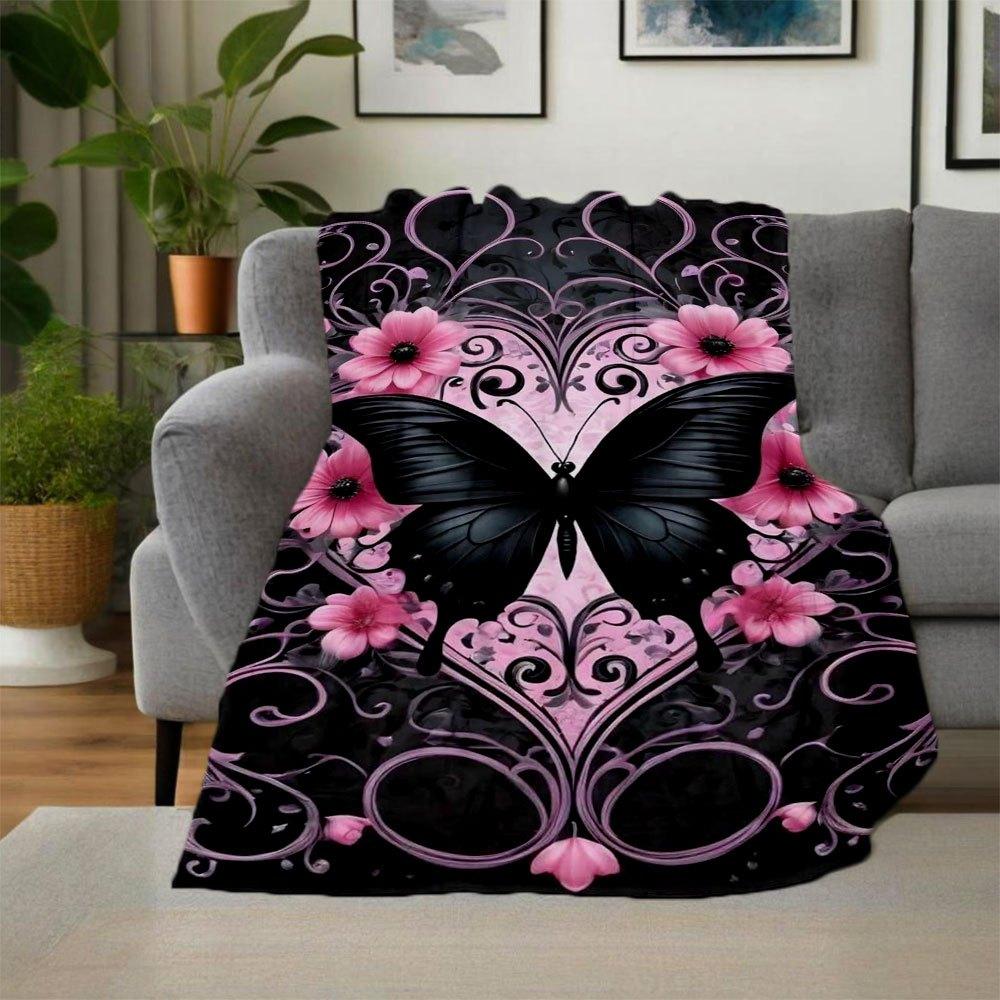 Black Butterfly with Pink Flowers Wall Art PrintBlanket Flannel Throw Blanket for Sofa, Bed, Travel, Camping, Office, Couch, Chair, And Bed