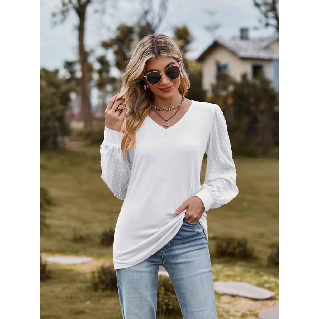 GMXIA Autumn Women's Long Sleeve T-shirt Solid Color V-neck Simple Gauze Bubble