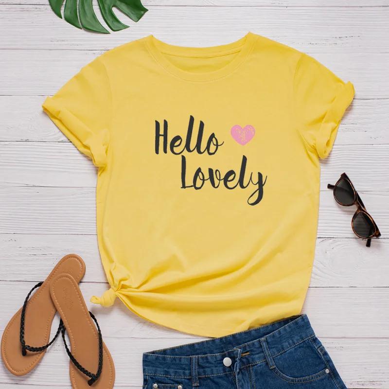 Hello Lovely Heart Print Женская футболка с коротким рукавом и круглым вырезом Свободная женская футболка Женская футболка Топы Одежда Camisetas Mujer