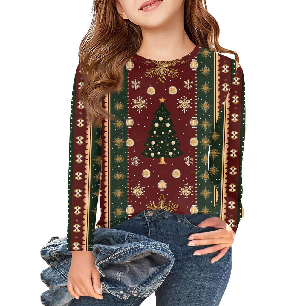 Christmas Day Girls Long Sleeve T Shirts Kids Fall Tops Crewneck Printed Basic Tees