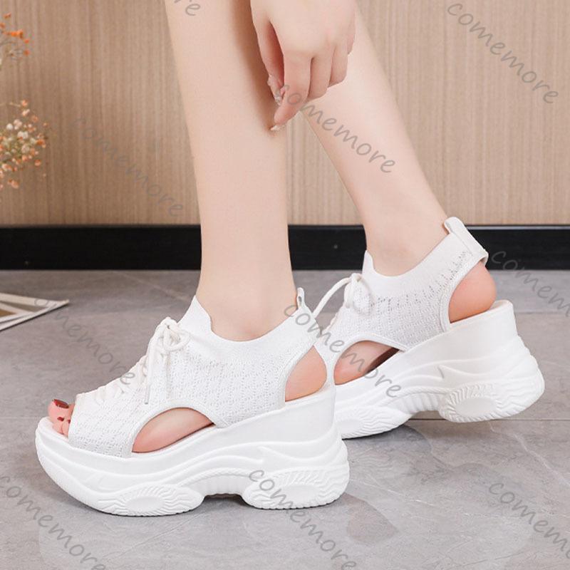 Fashion Comemore Thick Bottom Sandals Women Summer Mesh Fish Mouth High Heels Casual Sport Style Roman Sandal White Black Wedge Sandales